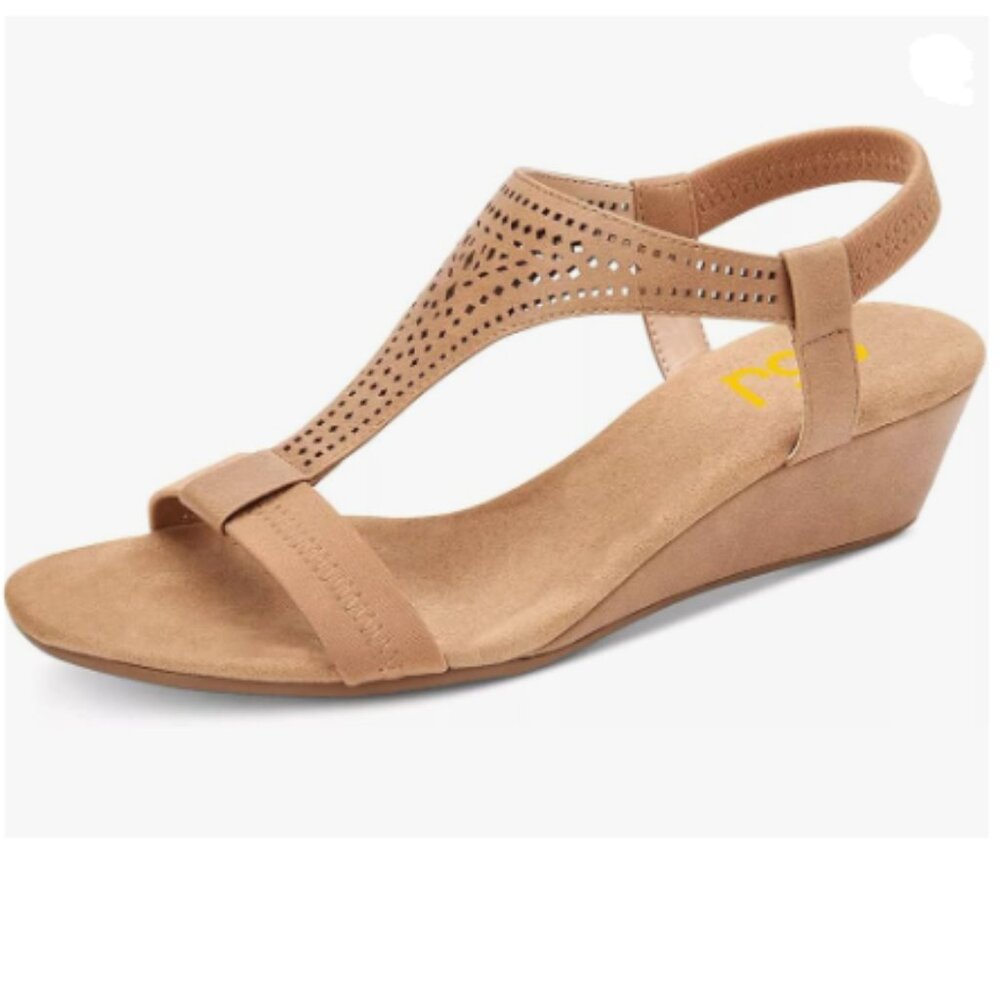FSJ Light Brown Open Toe Low Wedge Heel T-Strap Comfy Padded Ankle Strap Sandals